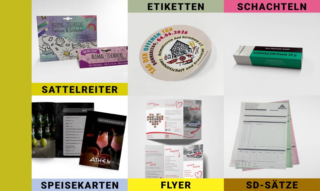 Produktbeispiele: Sattelreiter, Etiketten, Schachteln, Speisekarten, Flyer, SD-Sätze