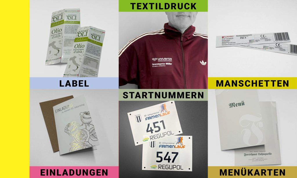Produktbeispiele: Label, Textildruck, Manschetten, Einladungen, Startnummern, Menükarten