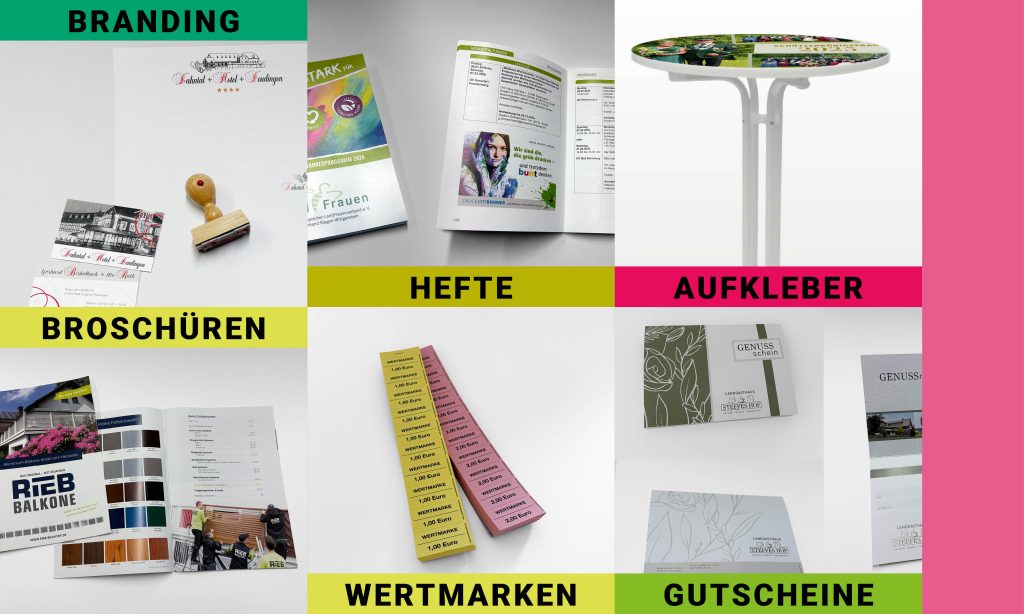 Produktbeispiele: Branding, Hefte, Aufkleber, Broschüren, Wertmarken, Gutscheine